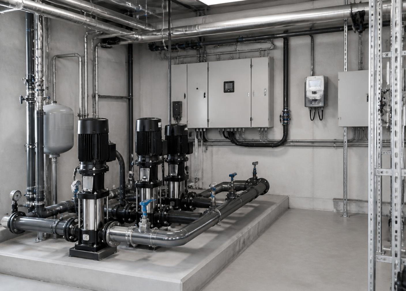 Sala técnica del edificio con bombas, cuadros eléctricos y medidores