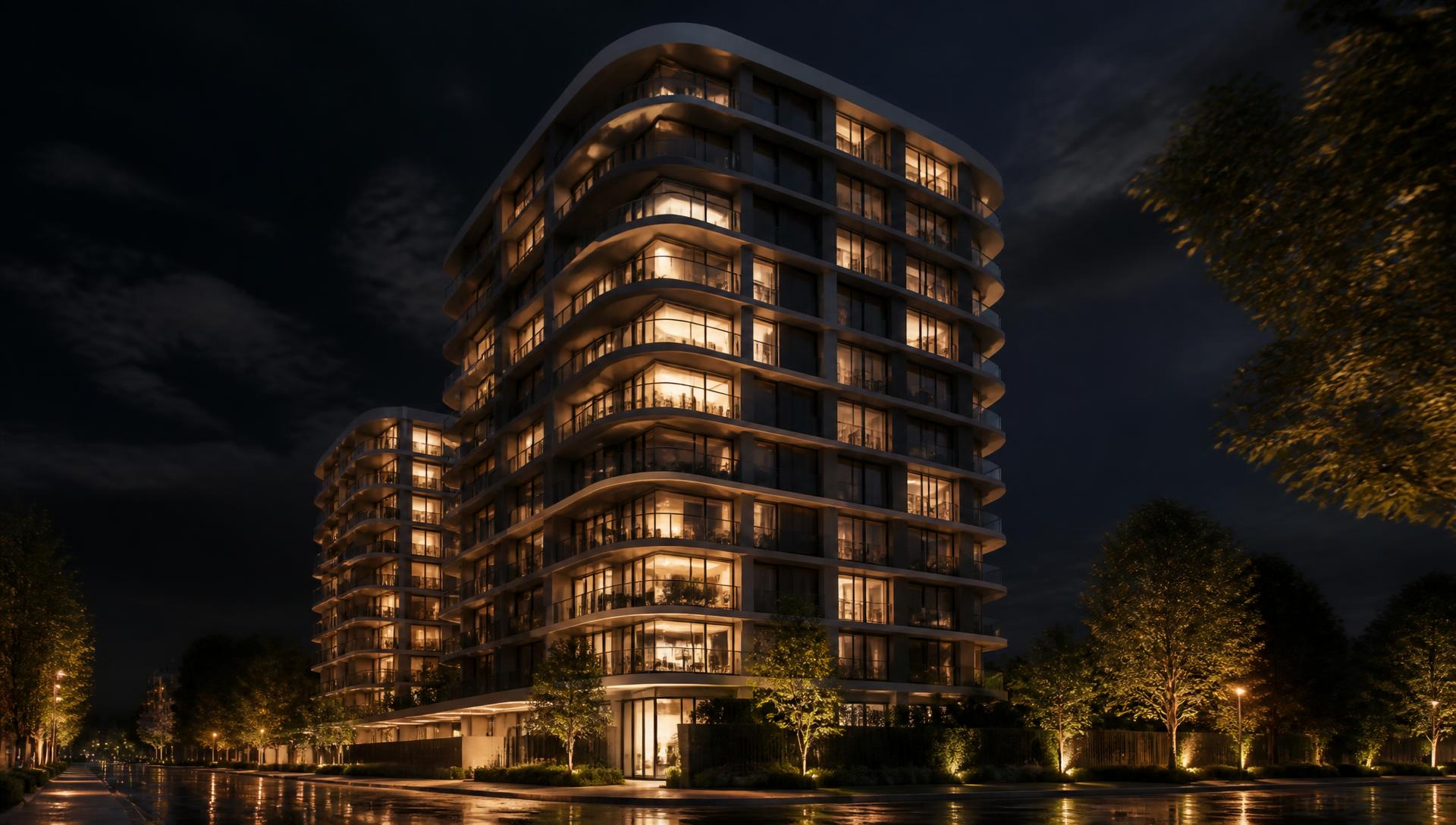 Edificio residencial iluminado de noche