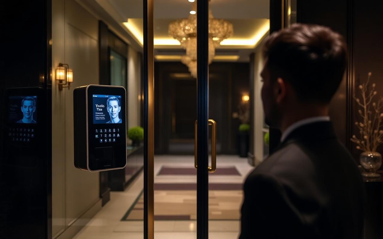 Terminal de reconocimiento facial en el lobby de un edificio