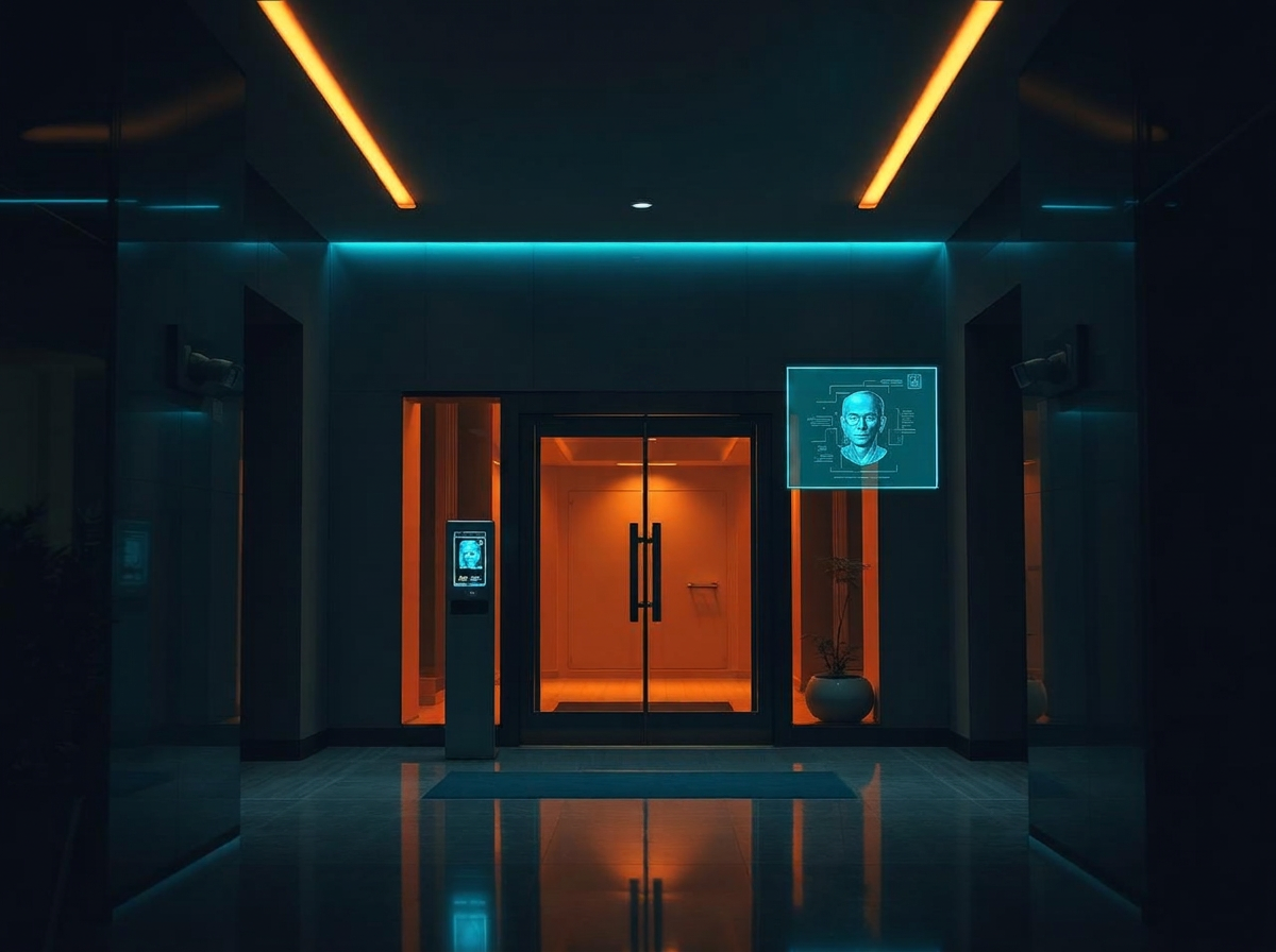 Lobby de edificio sin personal, con cámaras inteligentes y acceso automático